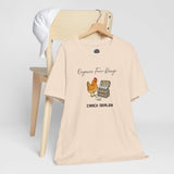 Light beige chicken graphic T-shirt on hanger with 'Organic free-Range' and 'CRACK DEALER'