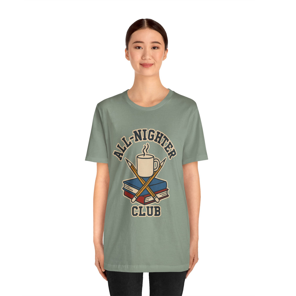 Sage green crew-neck T-shirt with All-Nighter Club trophy graphic on the chest