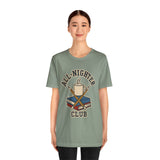 Sage green crew-neck T-shirt with All-Nighter Club trophy graphic on the chest