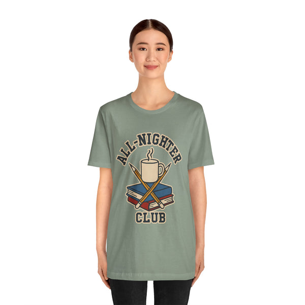 Sage green crew-neck T-shirt with All-Nighter Club trophy graphic on the chest