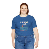 Blue crewneck T-shirt with front “Fun Was Had” recovery graphic, women’s fit