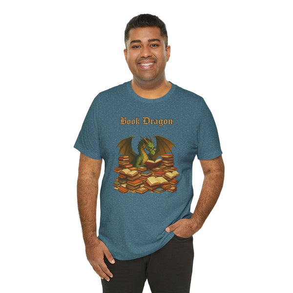 Teal heather Book Dragon t-shirt with front orange lettering and dragon reading books art