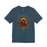 Deep teal graphic T-shirt with orange “Pumpkin” sci-fi spice face print on chest
