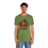 Olive green unisex T-shirt with crew neck and colorful witch gourd front graphic