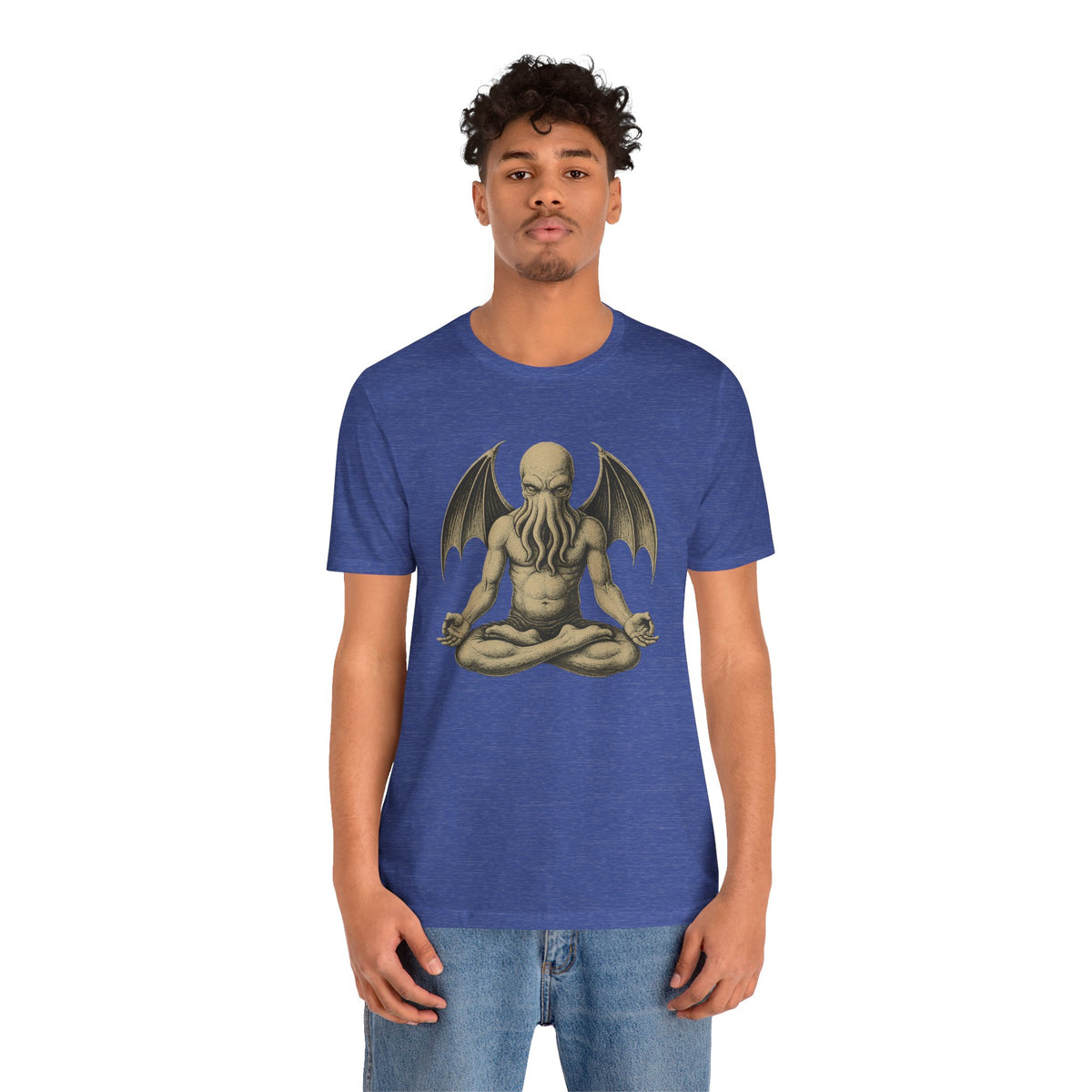 Blue unisex T-shirt featuring a meditating monster illustration centered on front