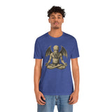 Blue unisex T-shirt featuring a meditating monster illustration centered on front