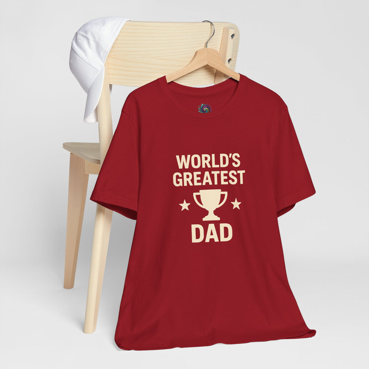 Red T-shirt with “World’s Greatest Dad” trophy graphic and stars on front