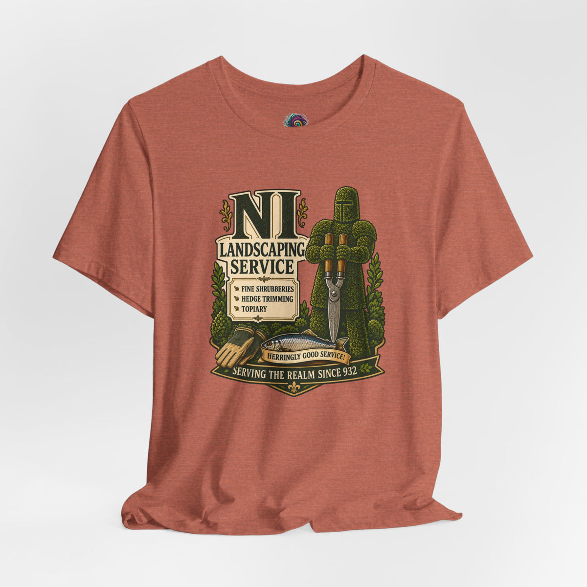 Rust crewneck graphic T-shirt with "NI Landscaping Service" emblem and shrubbery artwork