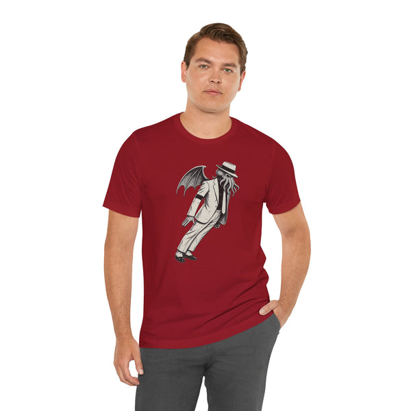 Red crewneck t-shirt with grey Cthulhu-style graphic print, side view