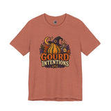 Rust orange witch and pumpkin graphic T-shirt with “Gourd Intentions” text on front