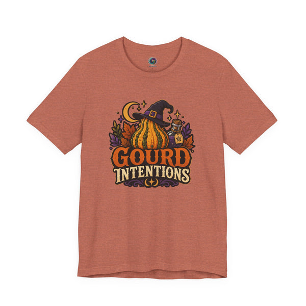 Rust orange witch and pumpkin graphic T-shirt with “Gourd Intentions” text on front