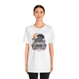 White unisex crew-neck t-shirt with centered goth cat moon logo graphic.