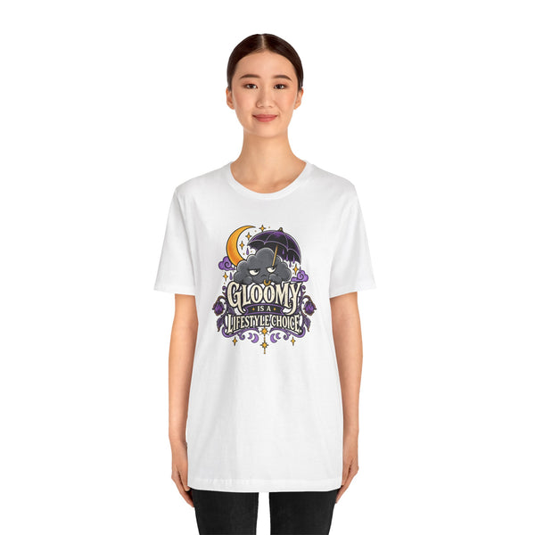 White unisex crew-neck t-shirt with centered goth cat moon logo graphic.