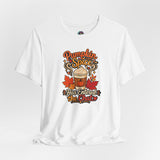 White crew-neck T-shirt featuring “Pumpkin Spice Has Entered the Chat” chest print