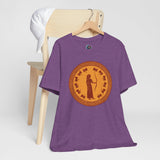 Heather purple crew-neck t-shirt with circular orange graphic print