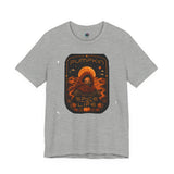 Heather gray graphic T-shirt with orange “Pumpkin” sci-fi spice face print on chest