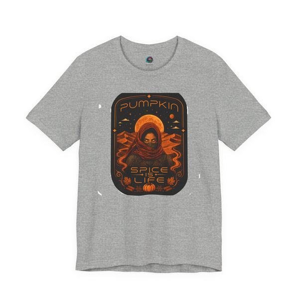 Heather gray graphic T-shirt with orange “Pumpkin” sci-fi spice face print on chest