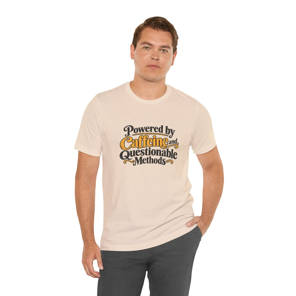 Soft cream crewneck T-shirt with coffee science slogan graphic, model front view