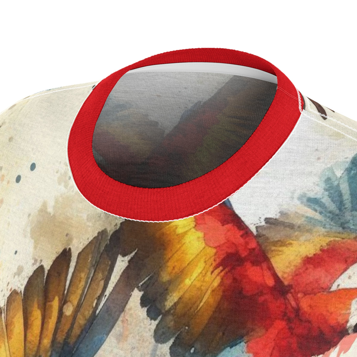 Close-up of red crew collar on watercolor macaw T-shirt, colorful wing print