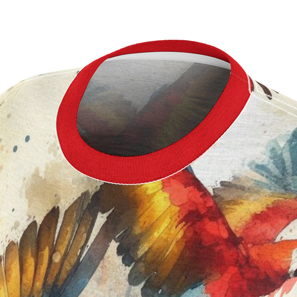 Close-up of red crew collar on watercolor macaw T-shirt, colorful wing print