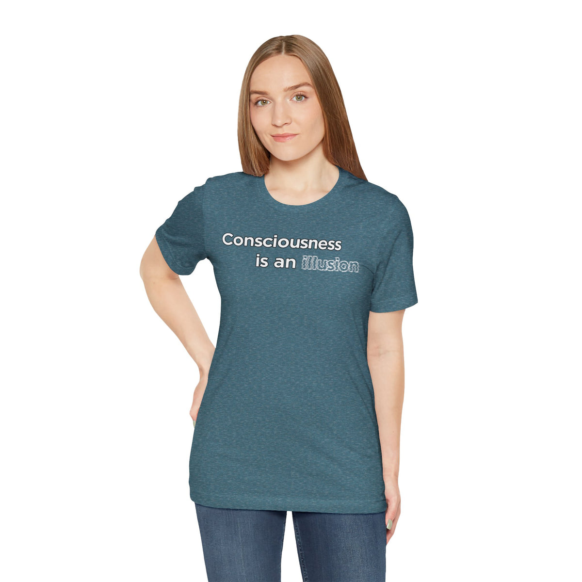 Heathered teal graphic T-shirt featuring “Consciousness is an illusion” text on front