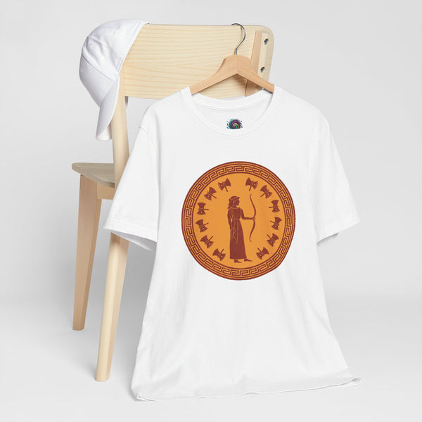 White crewneck T-shirt with circular bronze-style queen graphic on front