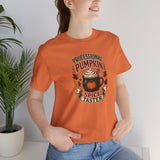 Orange crew-neck T-shirt with Pumpkin Spice Taster graphic, model in side view
