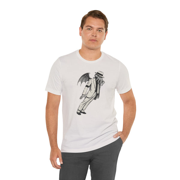 White crew-neck T-shirt with black front graphic print, short sleeves