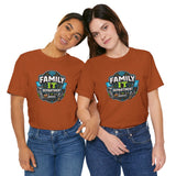 Two rust orange crew-neck T-shirts with Family IT Department emblem graphic on front