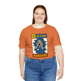 Burnt orange short-sleeve T-shirt with “B is for Banshee” character graphic on chest