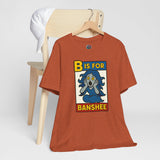 Rust brown Banshee graphic T-shirt on hanger with “B is for Banshee” front print