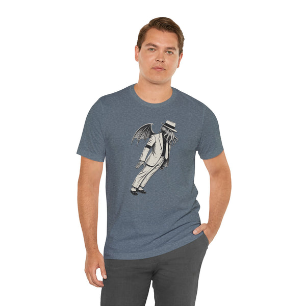 Heather slate unisex graphic t-shirt on male model, front view with skeleton bat print