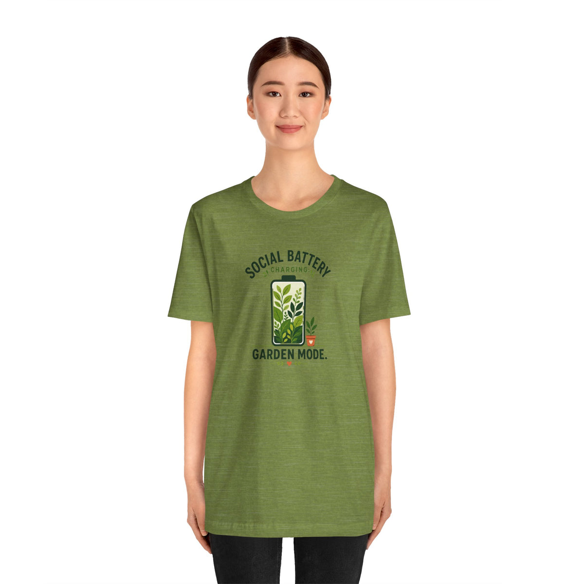 Olive green women’s T-shirt with “Social Battery Charging” and “Garden Mode” print