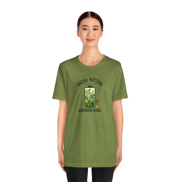 Olive green women’s T-shirt with “Social Battery Charging” and “Garden Mode” print