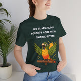 Close-up dark green parrot alarm T-shirt showing “My alarm clock” and bird graphic.
