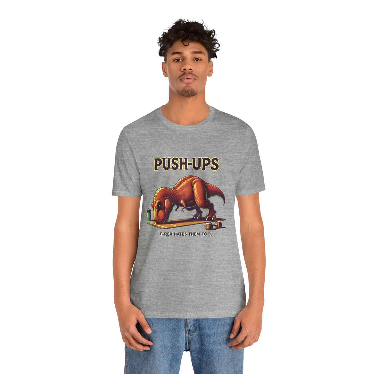 Heather gray crew-neck graphic T-shirt featuring T-Rex “Push-ups” print