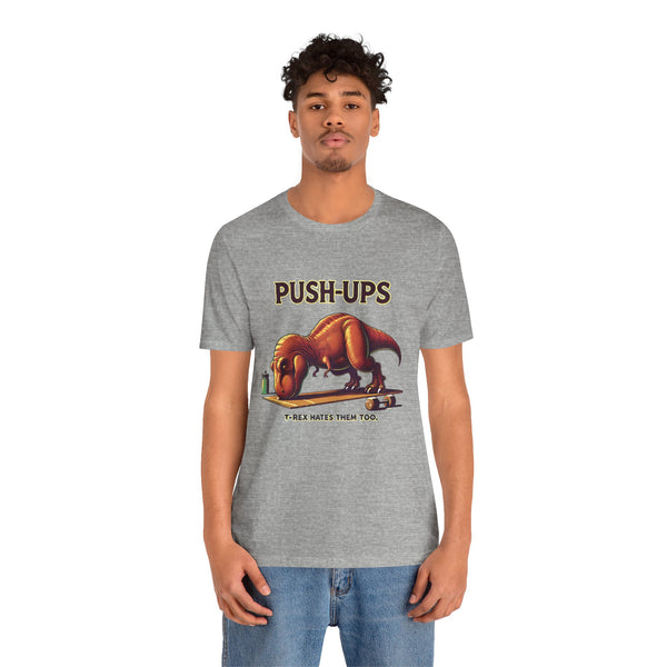Heather gray crew-neck graphic T-shirt featuring T-Rex “Push-ups” print