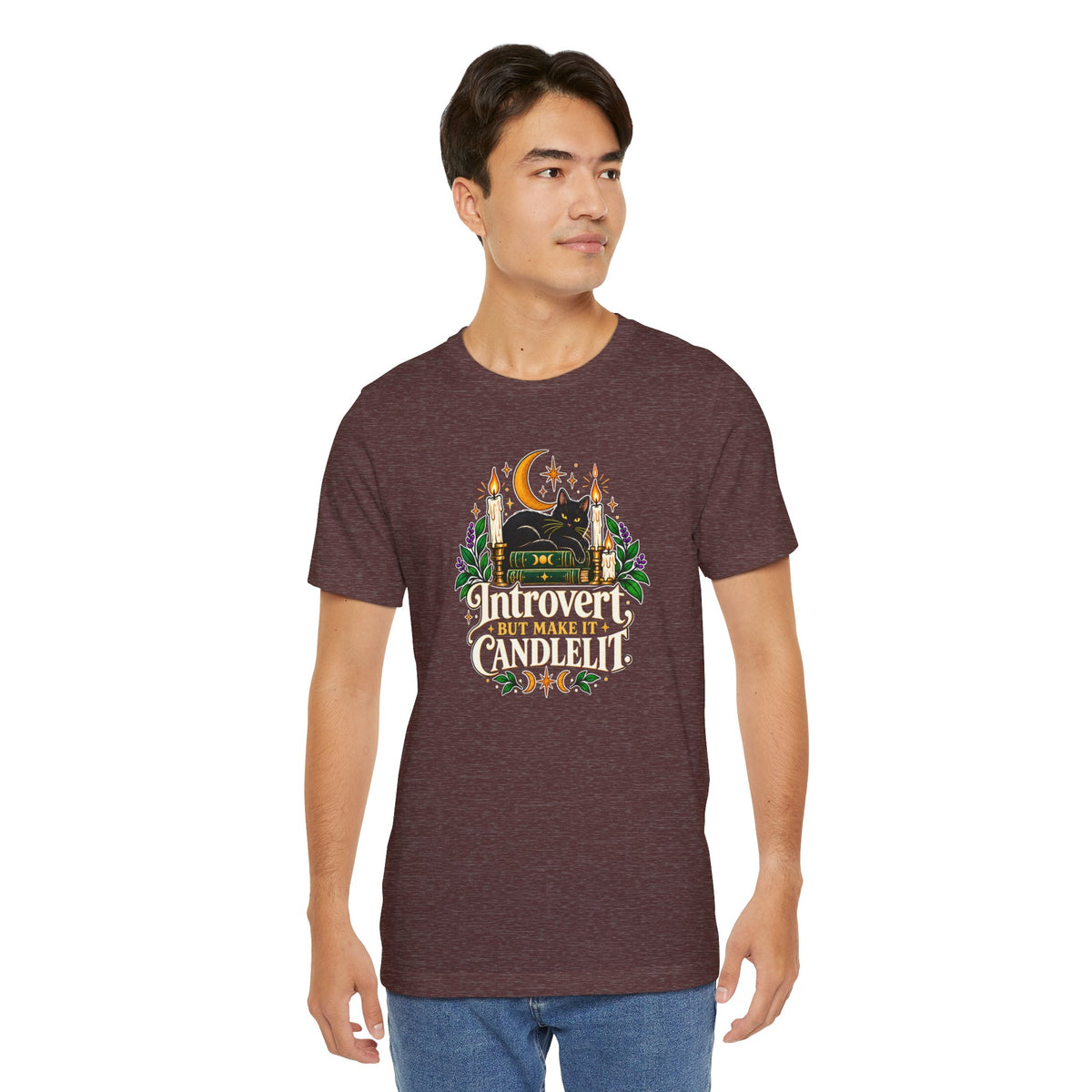 Introvert But Make It Candlelit T-shirt - Witchy Bookish Cat Tee