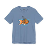 Light blue crewneck T-shirt with orange fish-shark swimming graphic on chest