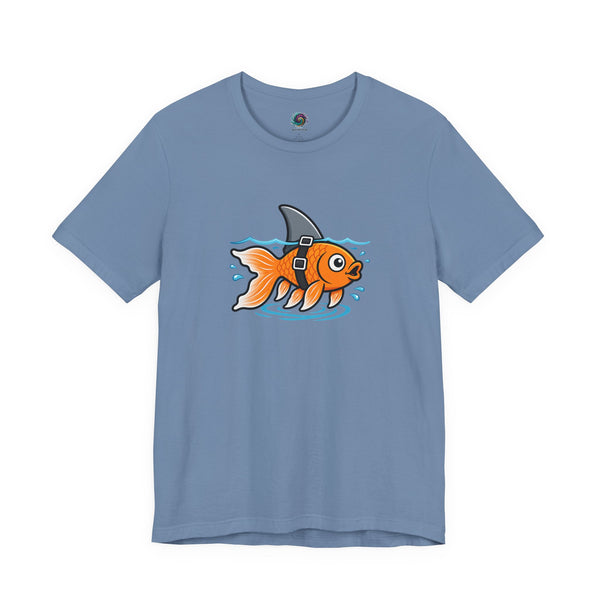 Light blue crewneck T-shirt with orange fish-shark swimming graphic on chest