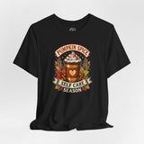 Black crewneck T-shirt with pumpkin spice self-care season graphic