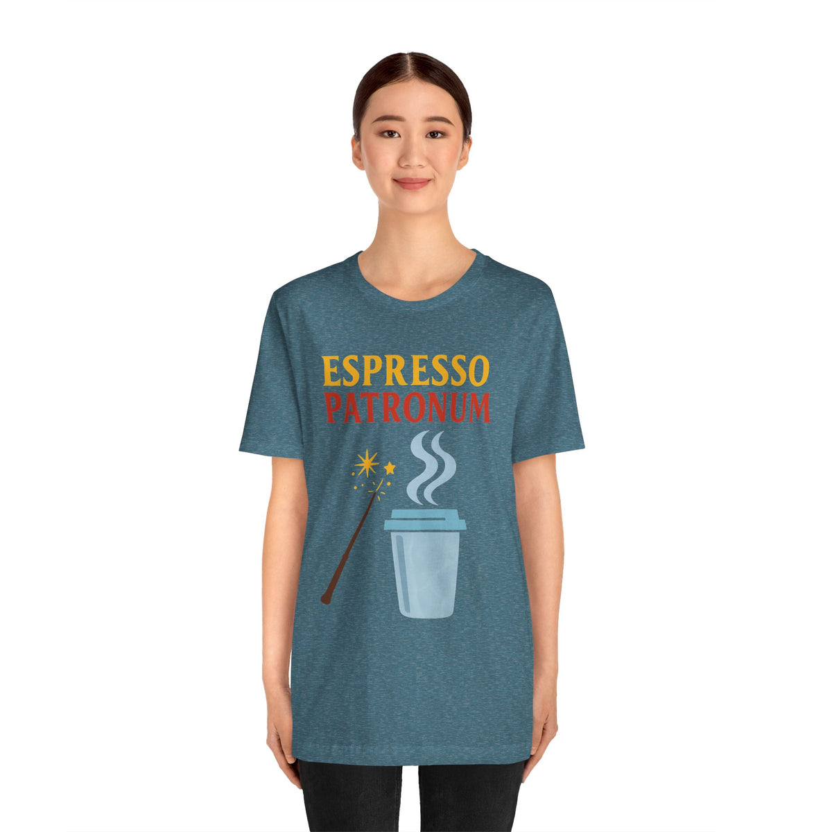 Teal heather crew-neck T-shirt with ESPRESSO PATRONUM coffee graphic, worn by model