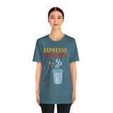 Teal heather crew-neck T-shirt with ESPRESSO PATRONUM coffee graphic, worn by model