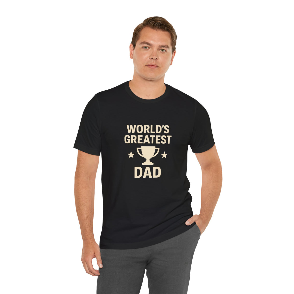 Black crew-neck T-shirt with trophy “World’s Greatest Dad” graphic front