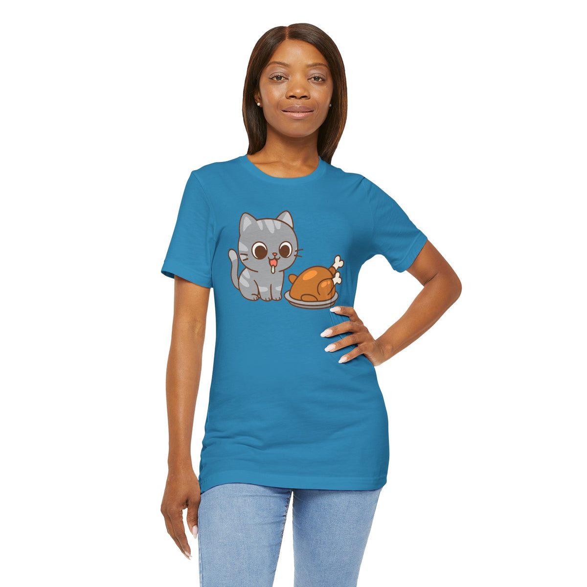 Aqua crew-neck t-shirt featuring gray cat and orange turkey illustration