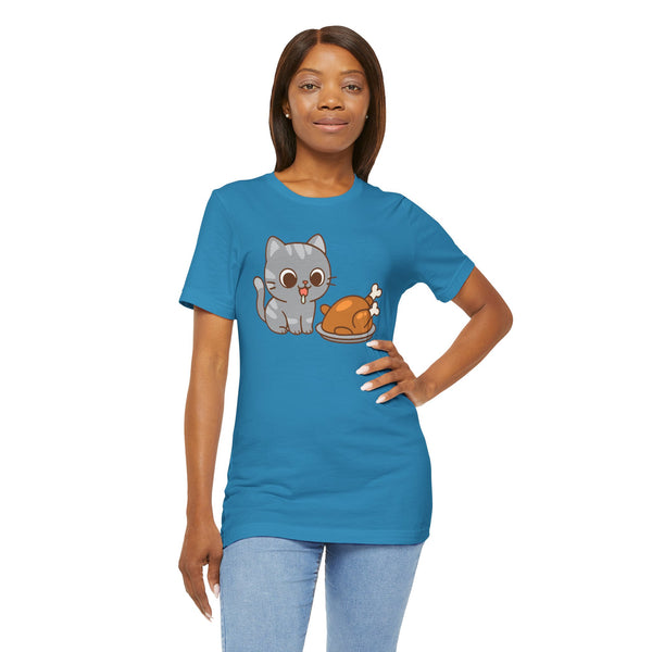 Aqua crew-neck t-shirt featuring gray cat and orange turkey illustration