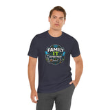 Navy crew-neck T-shirt with “Family IT Department” graphic on the chest
