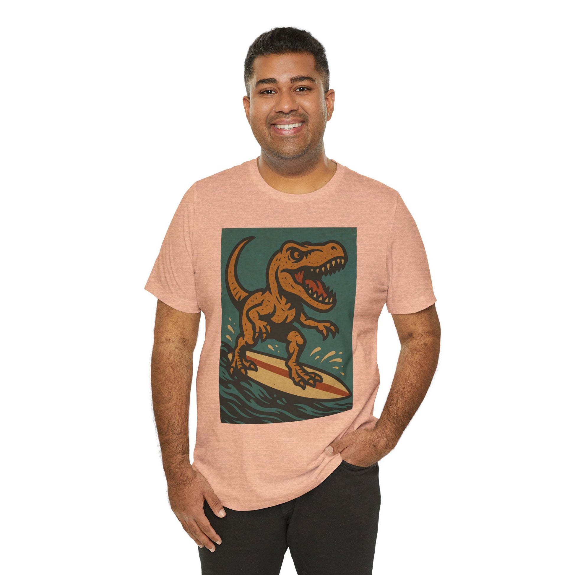 Surfing T-Rex T-Shirt – Funny Dinosaur Graphic Tee for Summer Vibes - WhimSpin - https://whimspin.com