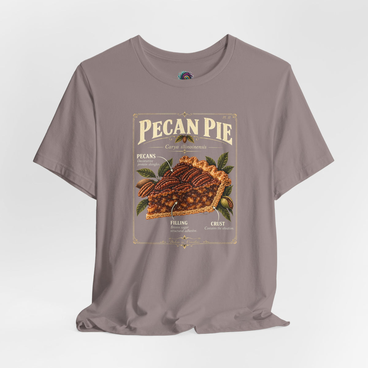 Taupe crew-neck T-shirt with vintage pie print centered on the chest.