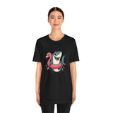 Black T-shirt with shark and flamingo floatie front graphic, crew neck